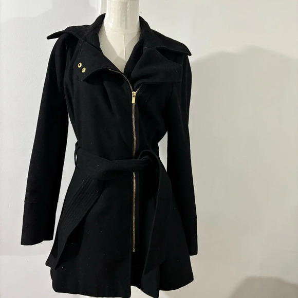 Women’s Sz Small Asymmetrical Wool Blend Black Wrap Peacoat Siena Studio Belted - Picture 1 of 9